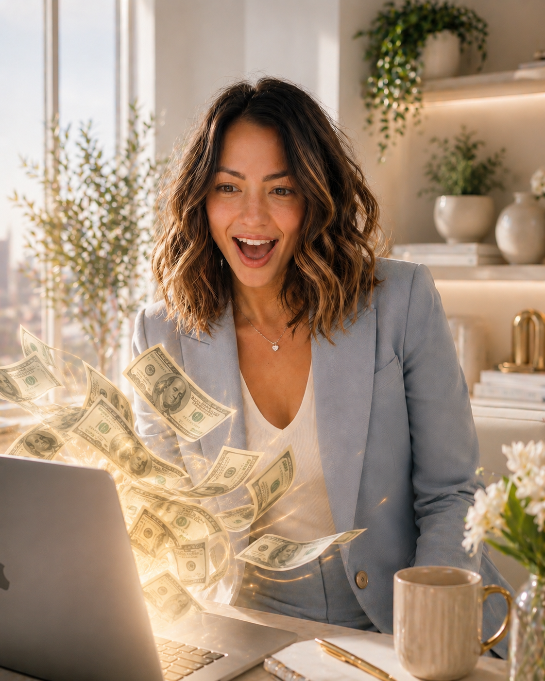 Creator with laptop and money flying around